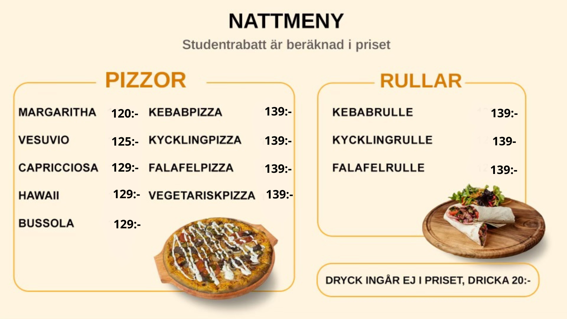 Golden Fork Nattmeny - Pizzor och Rullar