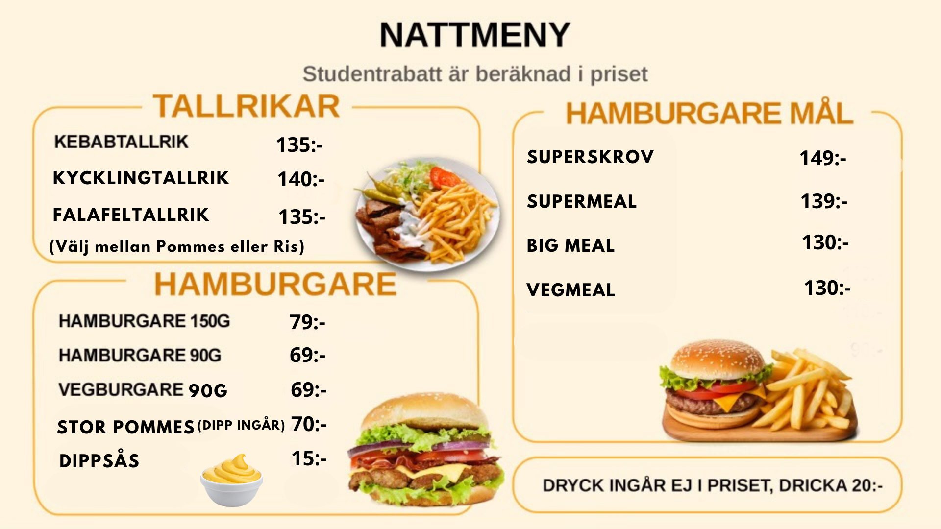 Golden Fork Nattmeny - Tallrikar och Hamburgare